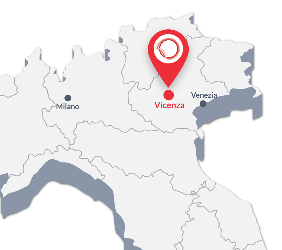 Pagina "Contattaci" Sintesia: mappa stilizzata di dove ci troviamo, sede di Vicenza