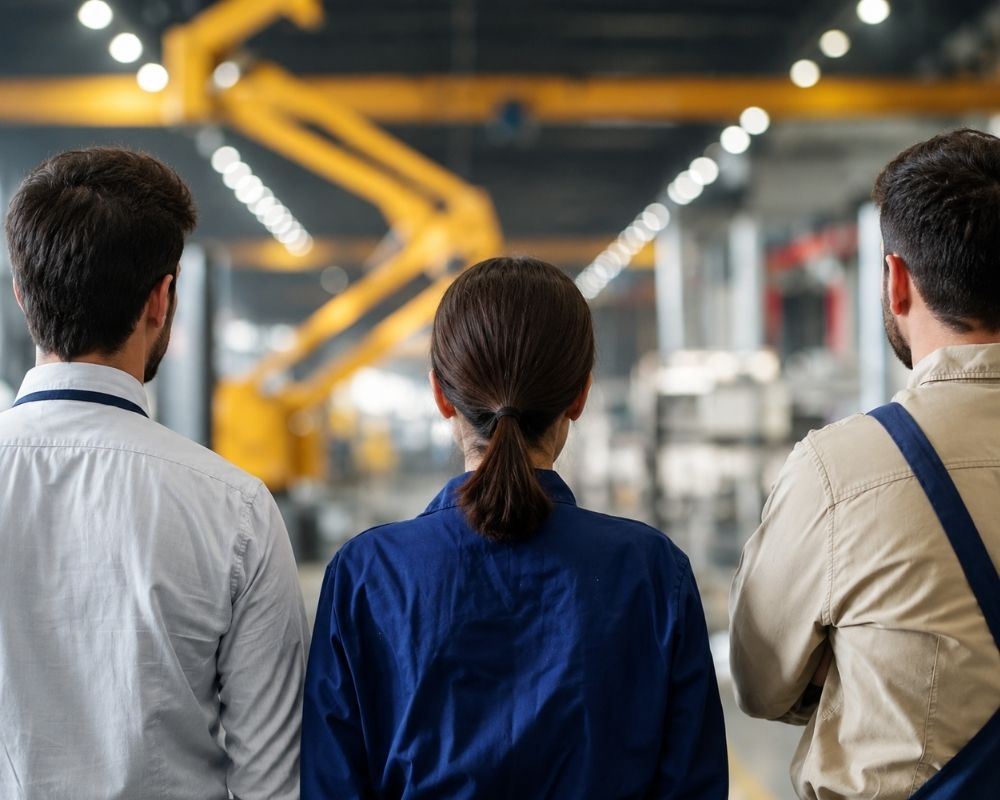 3 operatori guardano l'interno della fabbrica