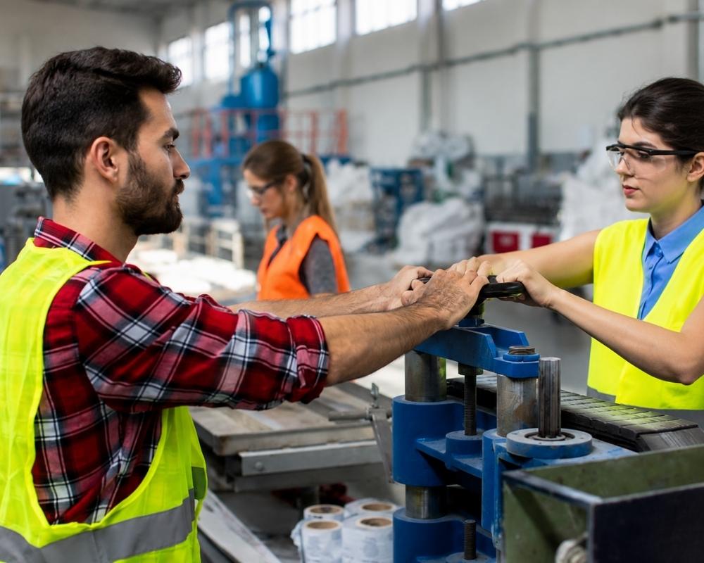 Operatori lavorano su una macchina con sguardo serio, segno che gli operatori Sintesia possono migliorare il coinvolgimento dei dipendenti con una consulenza personalizzata