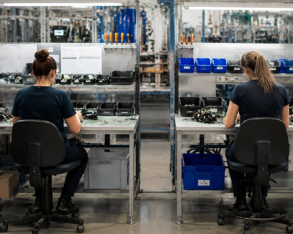 Due operatrici lavorano al banco su componenti elettronici, evidenziando l'importanza del bilanciamento delle linee
