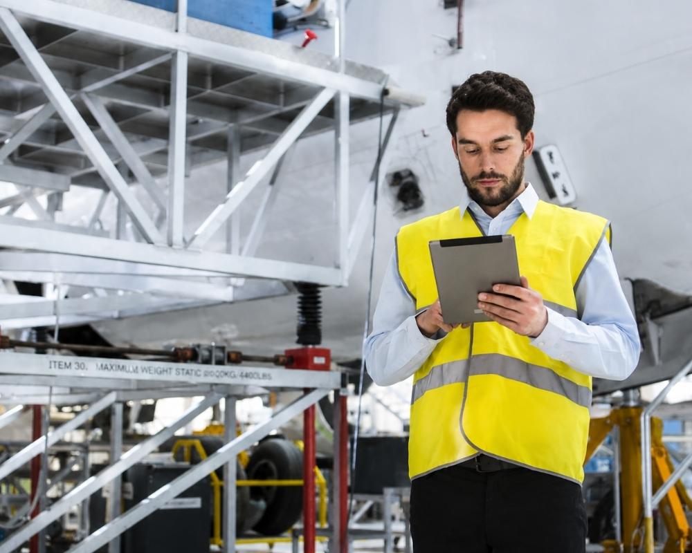 Operatore guarda i dati di produzione su un tablet