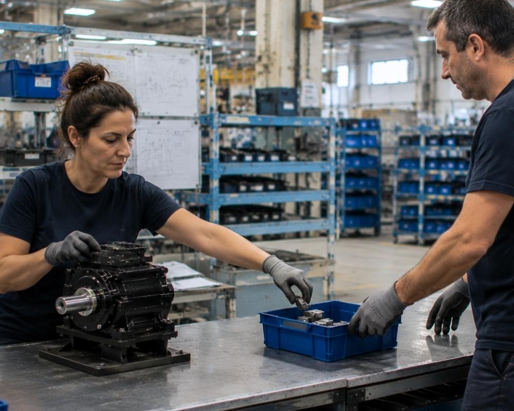 Operatrice prende un componente da una cassetta appena portata dal collega, evidenziando l'importanza del sequenziamento della produzione